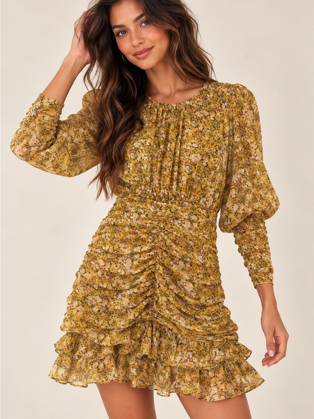 ASTR The Label Claremore Floral Ruched Long Sleeve Mini Dress